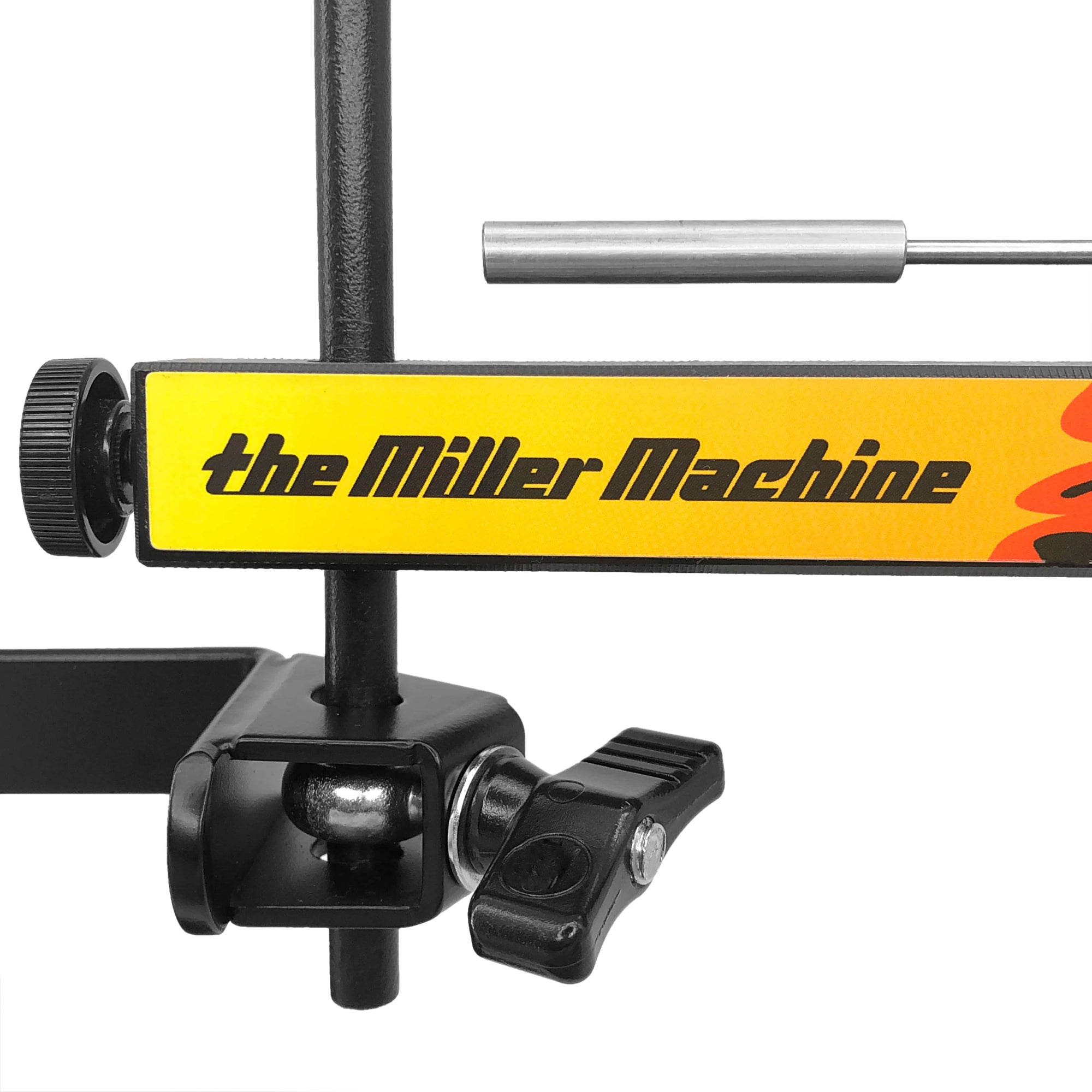 Closeup photo of The Miller Machine, Triangle Machine with new custom designed solid body steel beater and Flame Body.